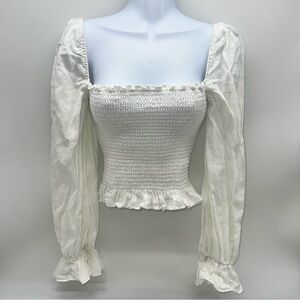 Reformation Woman’s White Smocked 100% Linen Long Sleeve Square Neck Blouse-Sz S